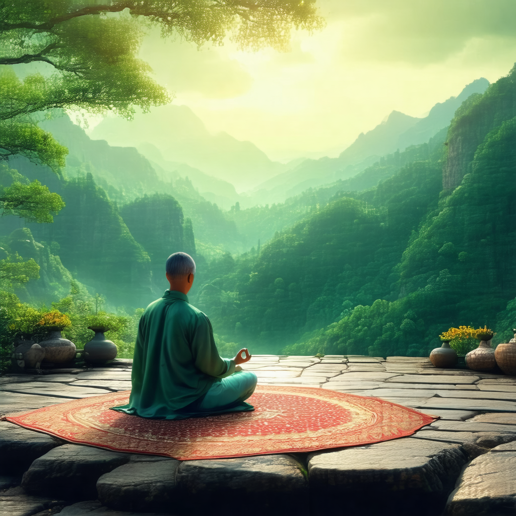 Man sitting on a red rug in a serene outdoor setting
