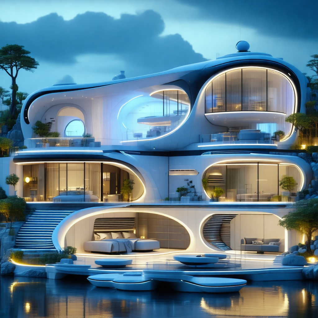 Large, modern-looking house situated on a lake