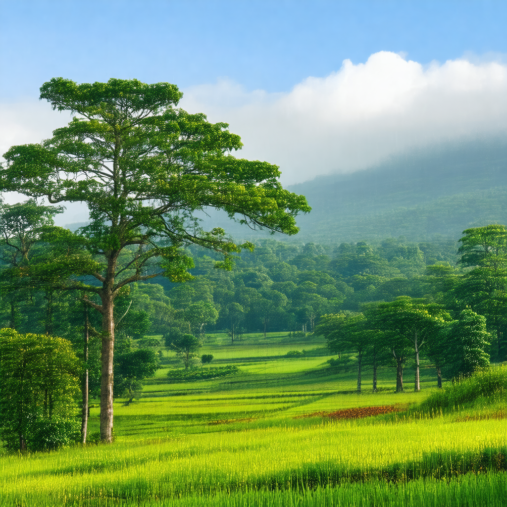 Lush green field with a large tree in the foreground