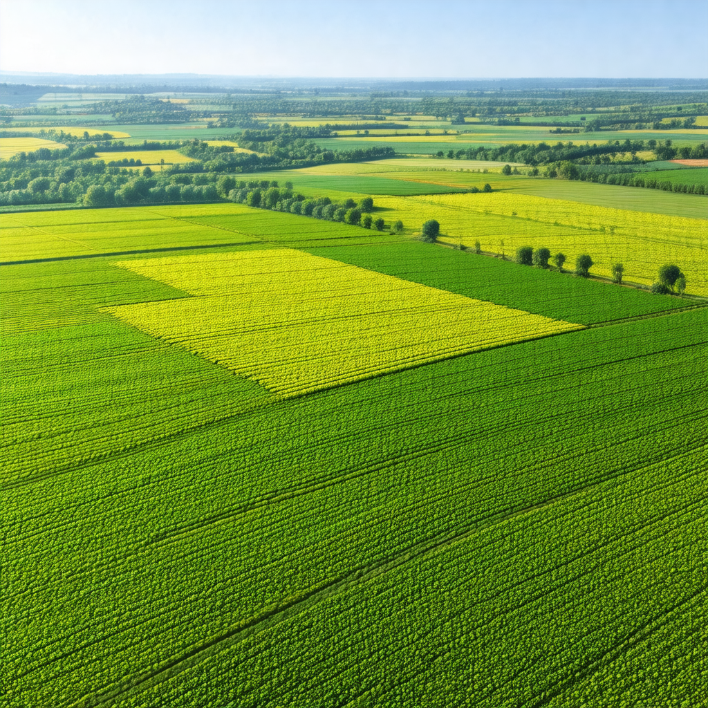 Large, lush green field with a variety of crops growing i...