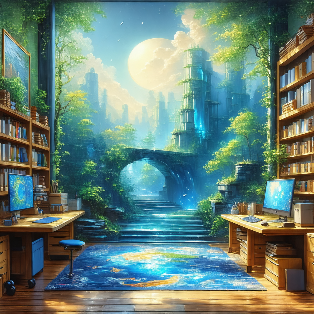 Room with a large bookshelf filled with various books