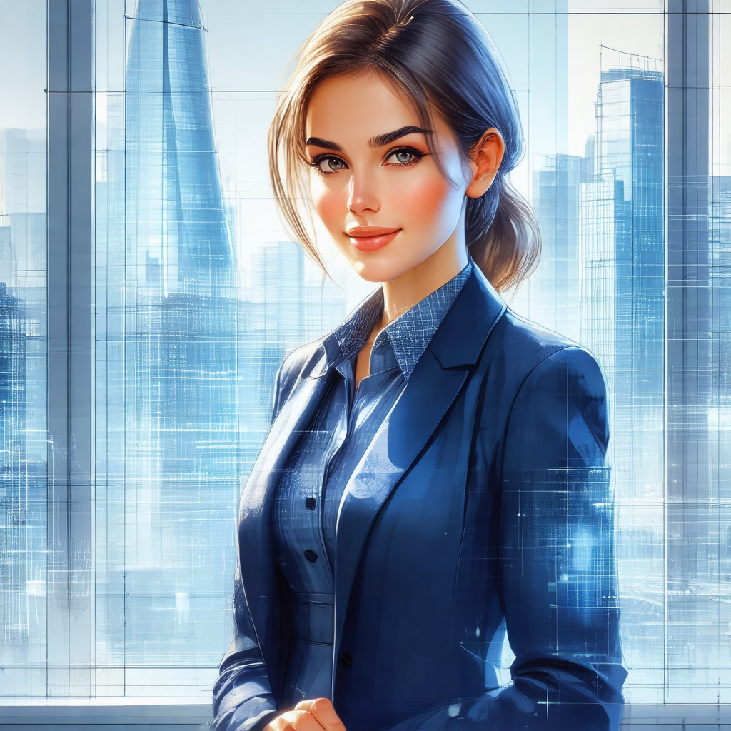 Digital painting of a woman wearing a blue suit and a tie