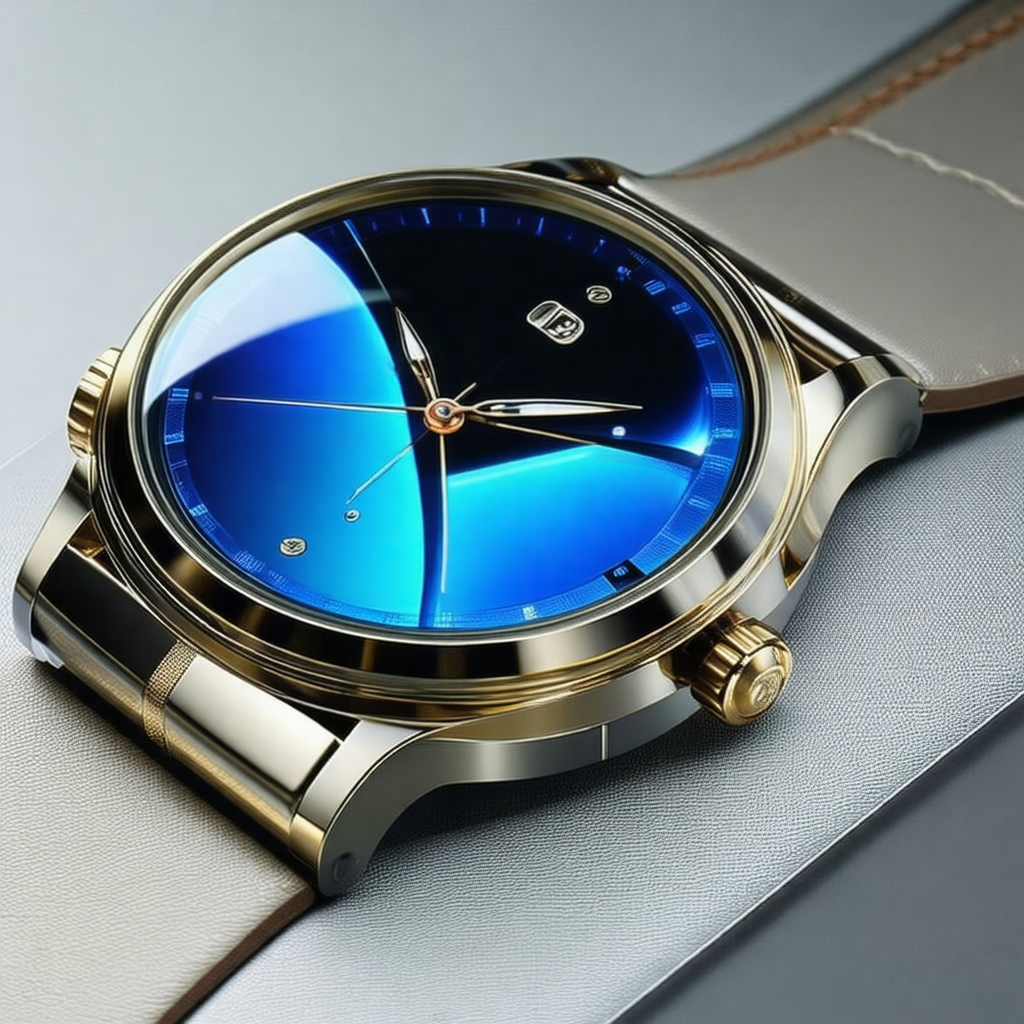 Close-up of a watch with a blue face and a gold band