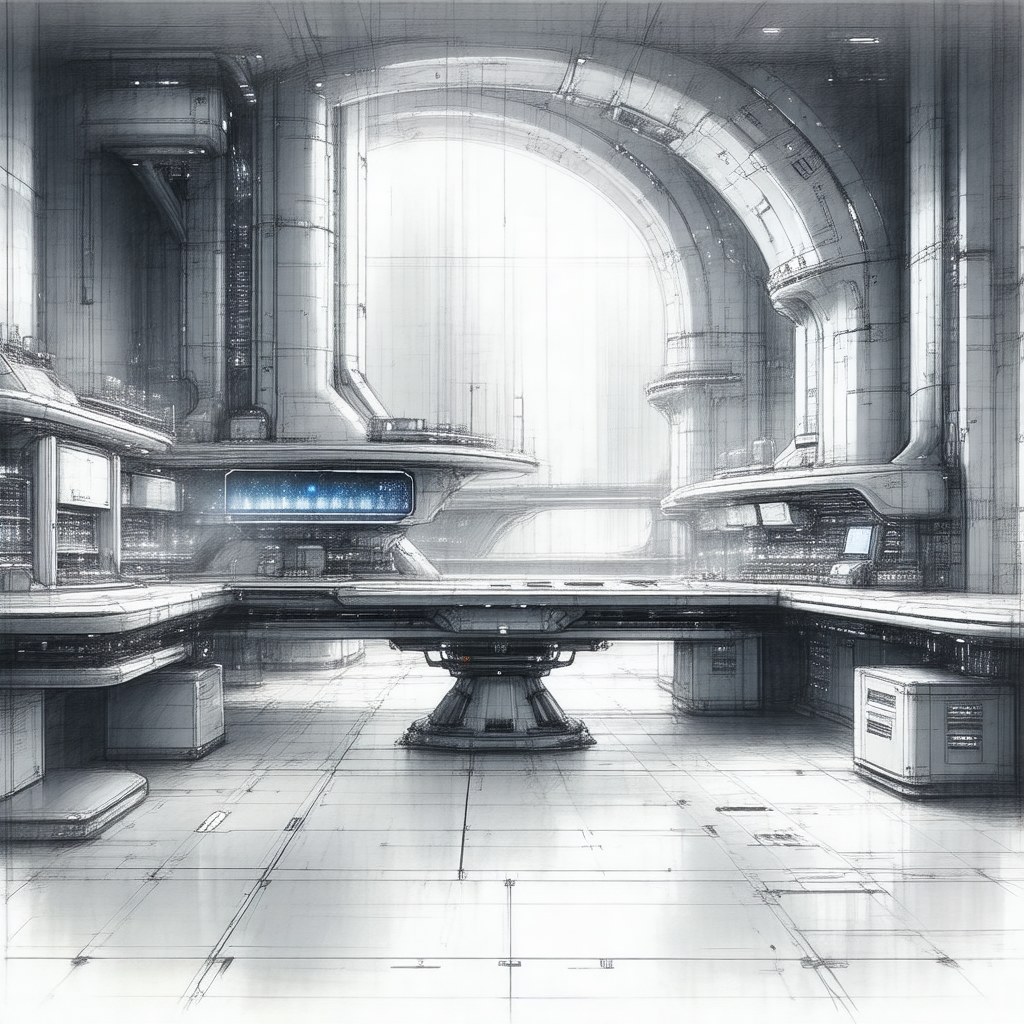 Drawing of a large, futuristic room with a central island