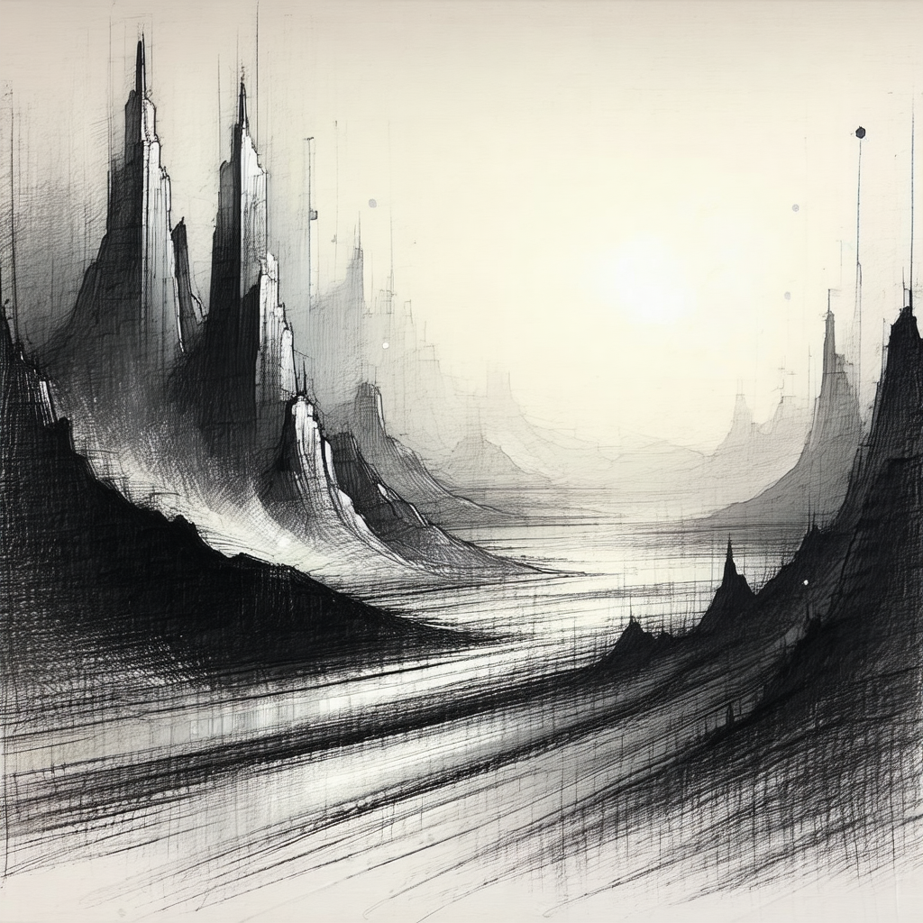 Black and white drawing of a cityscape, featuring a large...