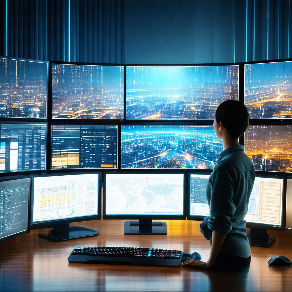 Woman sitting at a desk in front of a large computer screen