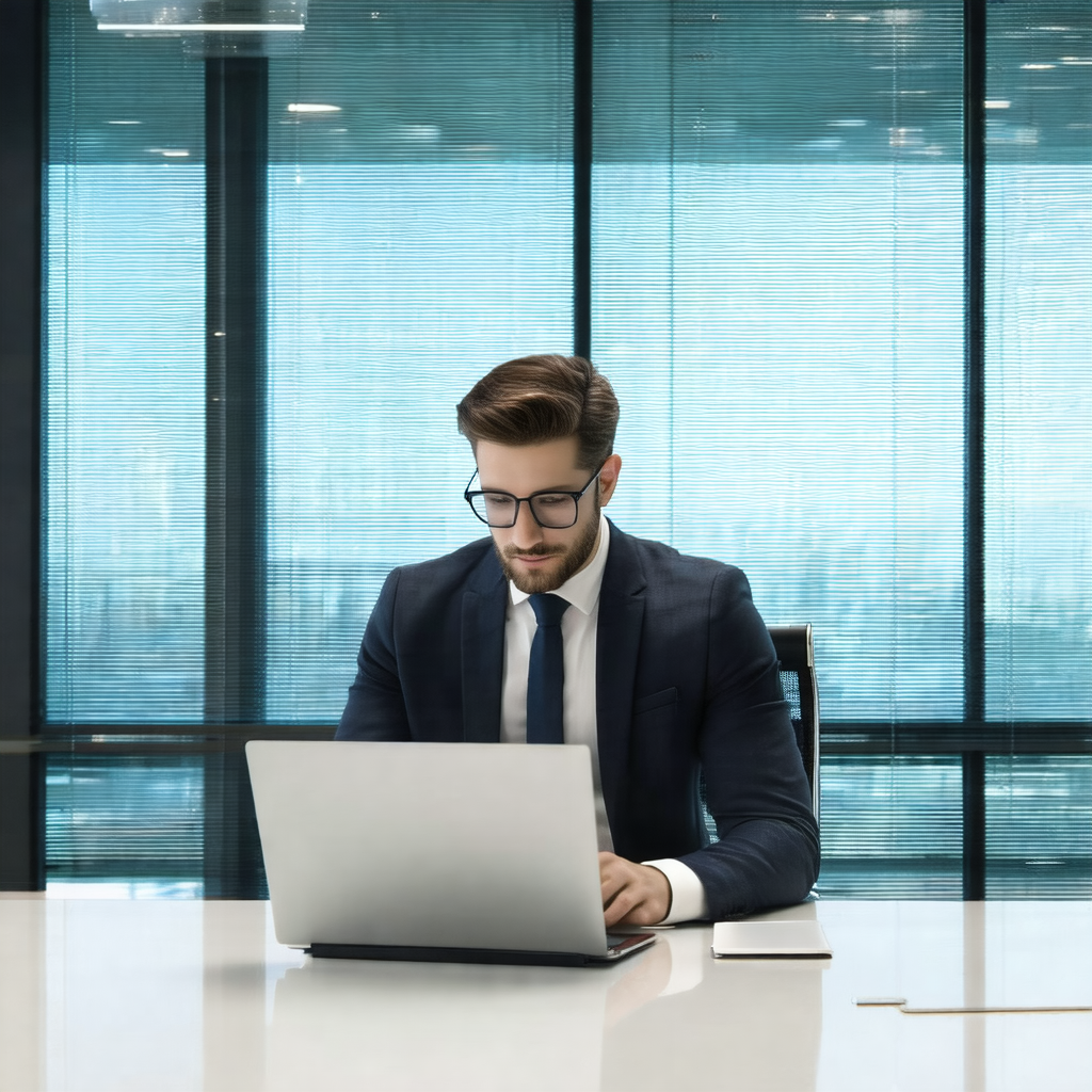 Man wearing a suit and tie, sitting at a desk and working...