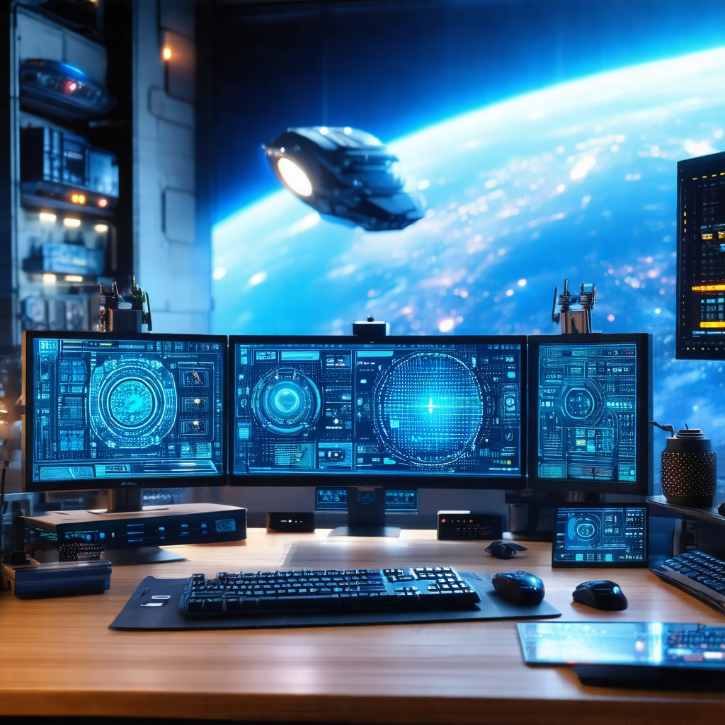 Desk with a computer setup, including a keyboard and a mouse