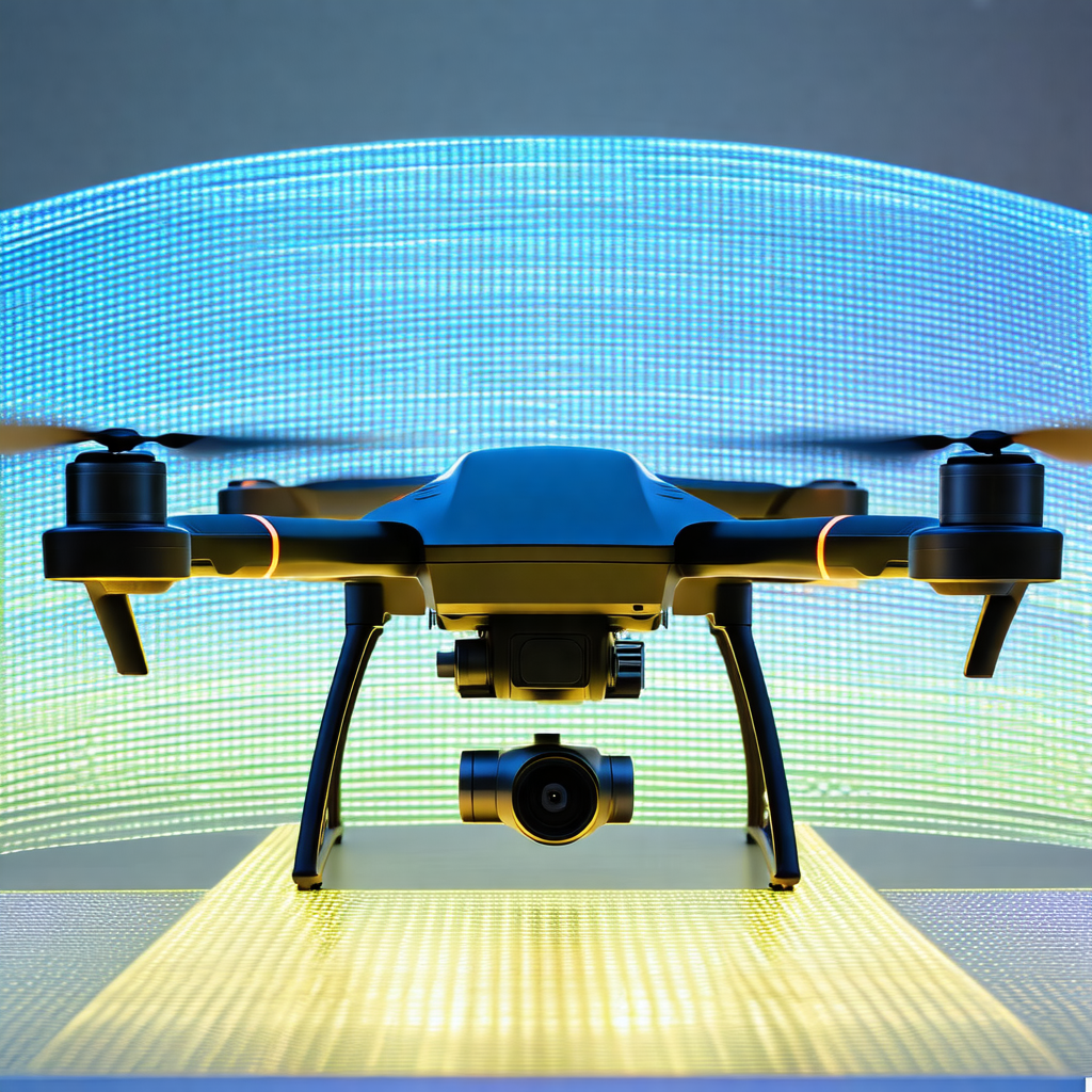 Black drone with a camera mounted on the bottom, flying i...