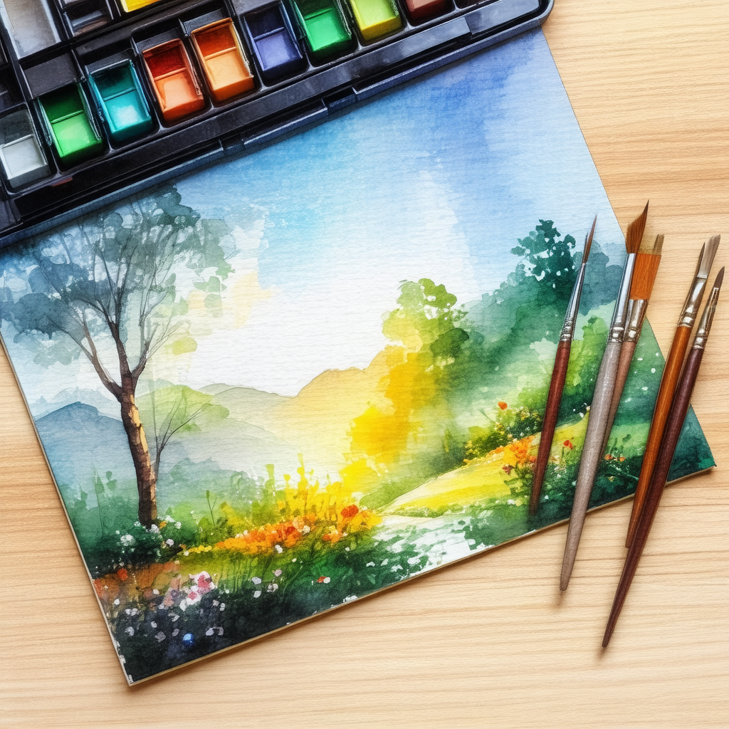 Painting of a beautiful landscape with a tree, flowers, a...
