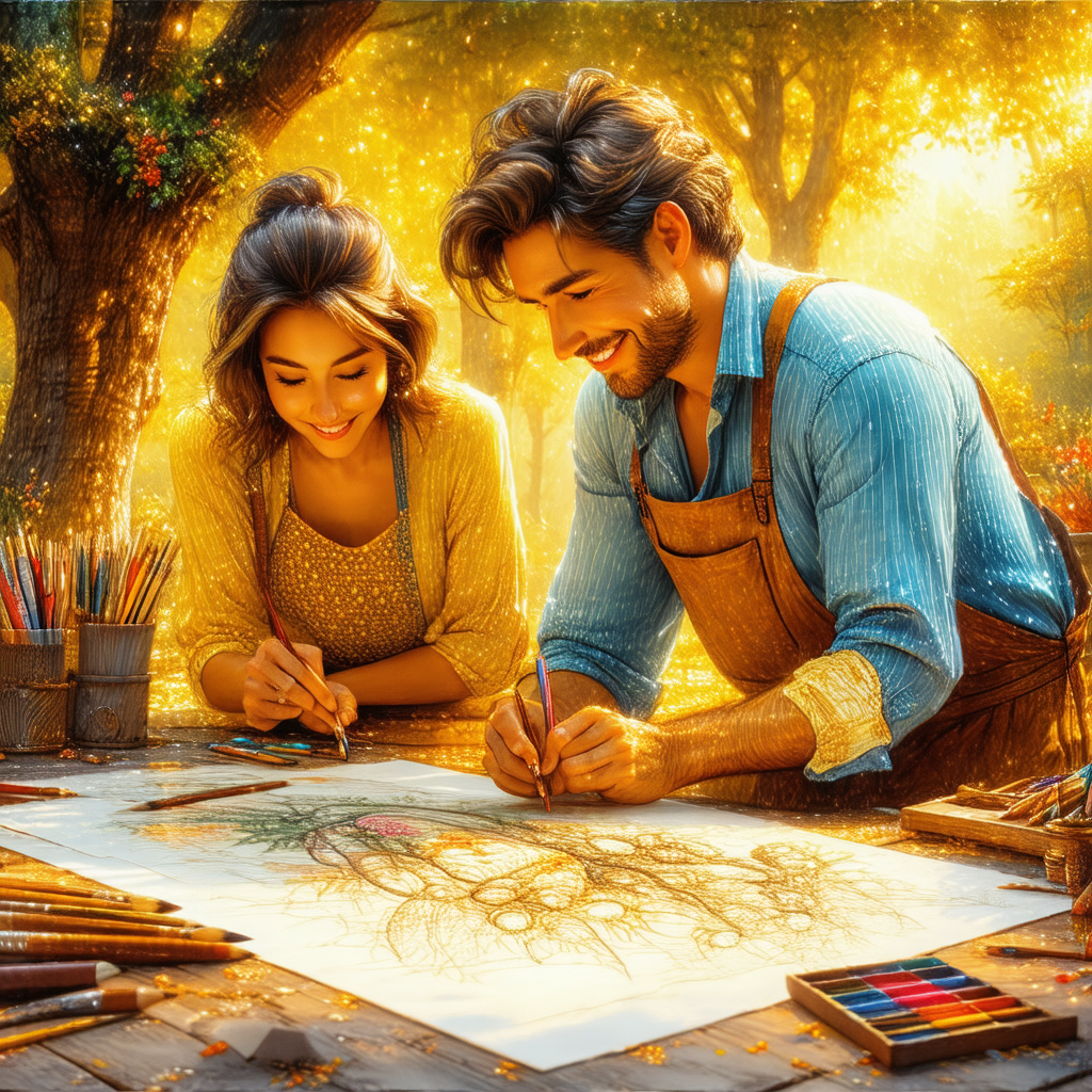 Man and a woman sitting together at a table, both holding...