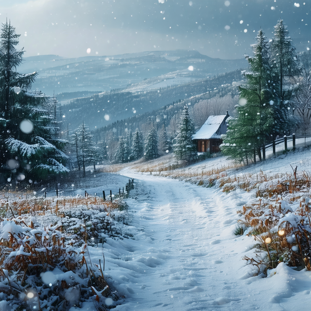Snowy landscape with a small cabin nestled in the middle ...