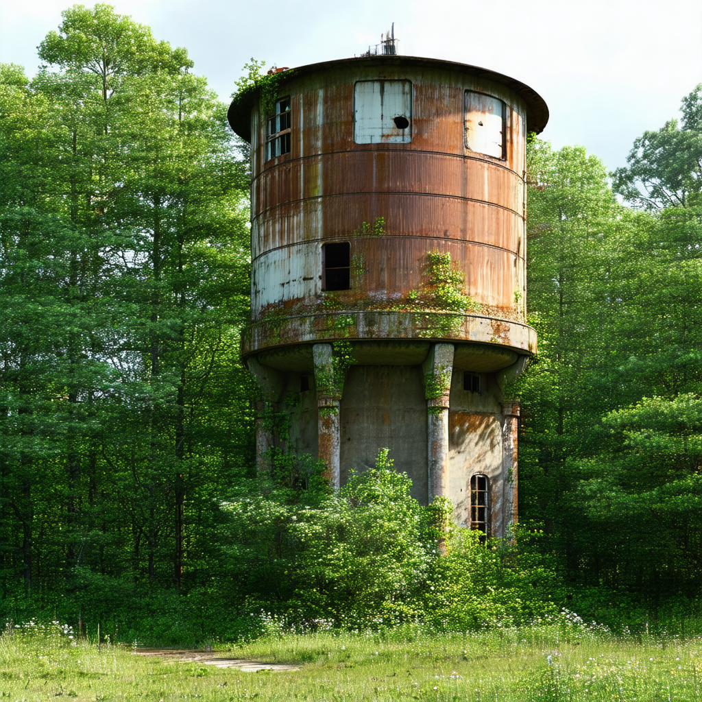 Large, rusty water tower situated in a lush green forest