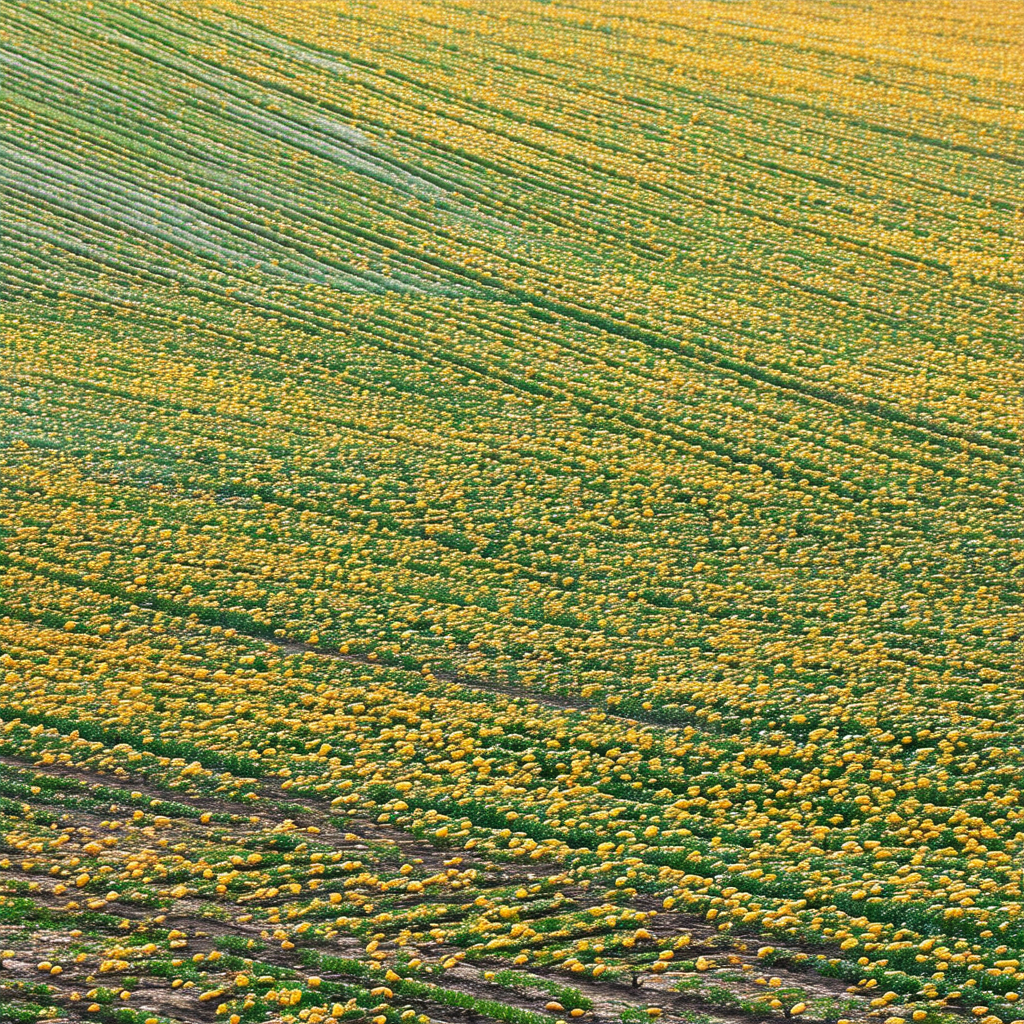 Large, open field with a variety of yellow flowers scatte...