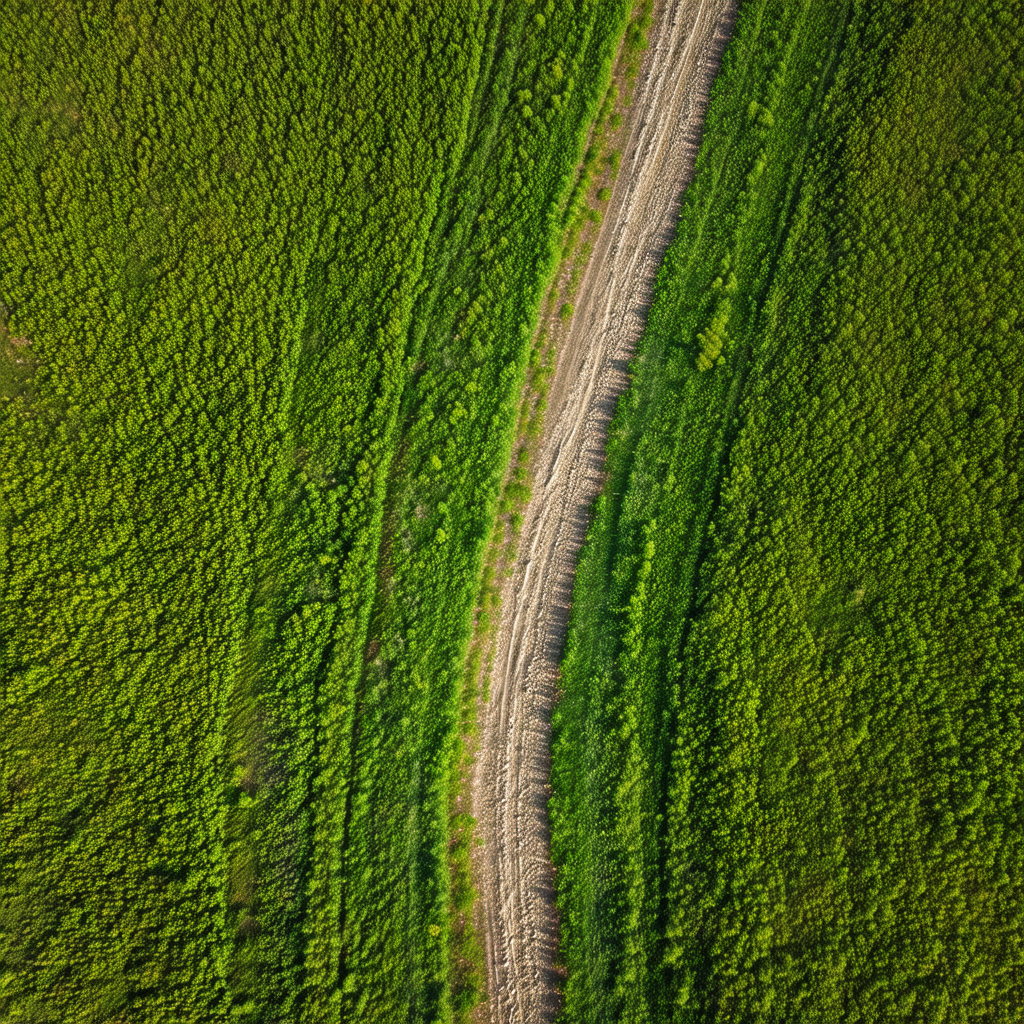 Lush green field with a dirt road running through it