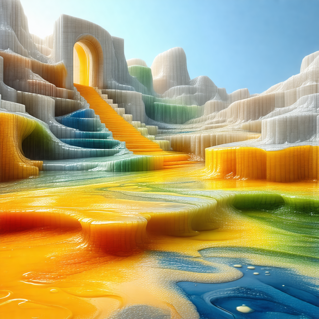 Colorful, artistic scene of a staircase leading to a doorway