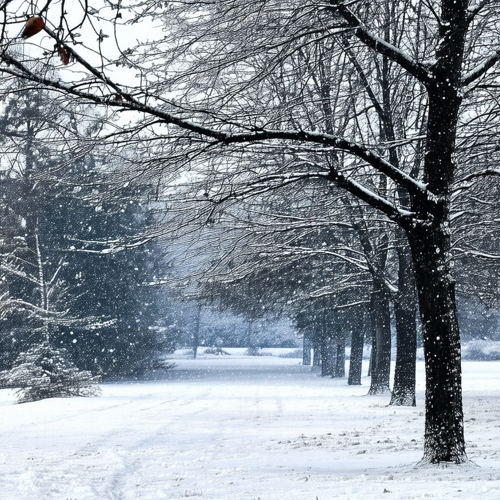 Snowy park with a row of trees lining the path
