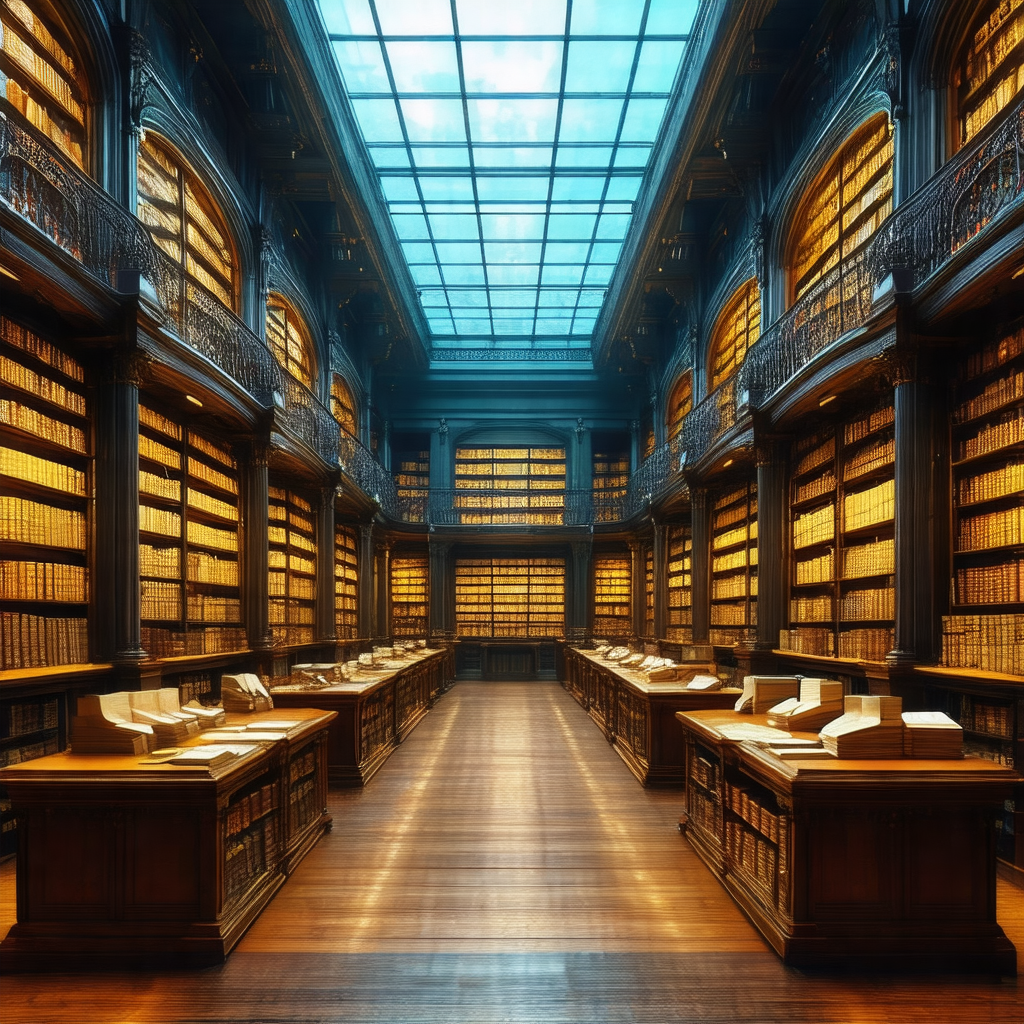 Large library filled with numerous bookshelves