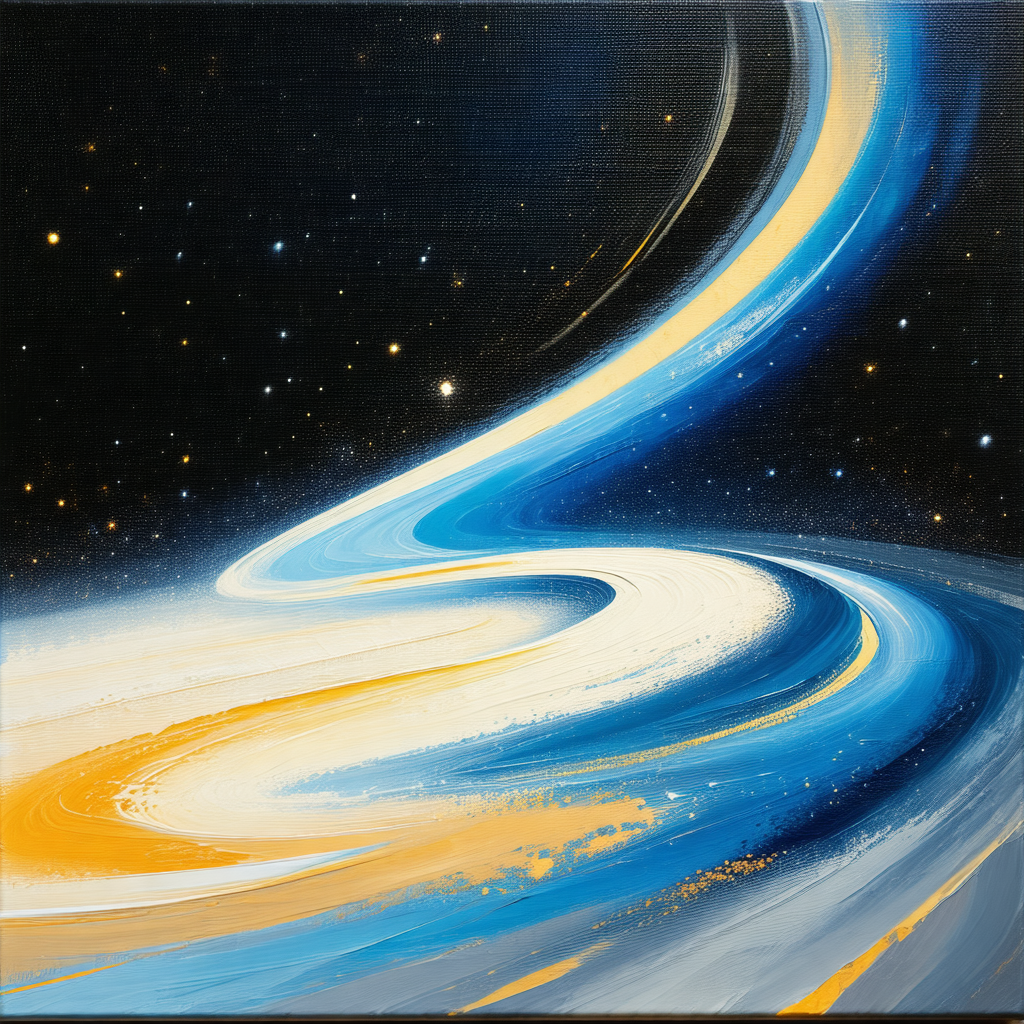 Painting of a blue and yellow spiral, which appears to be...
