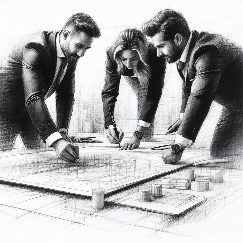 Black and white drawing of three people standing around a...
