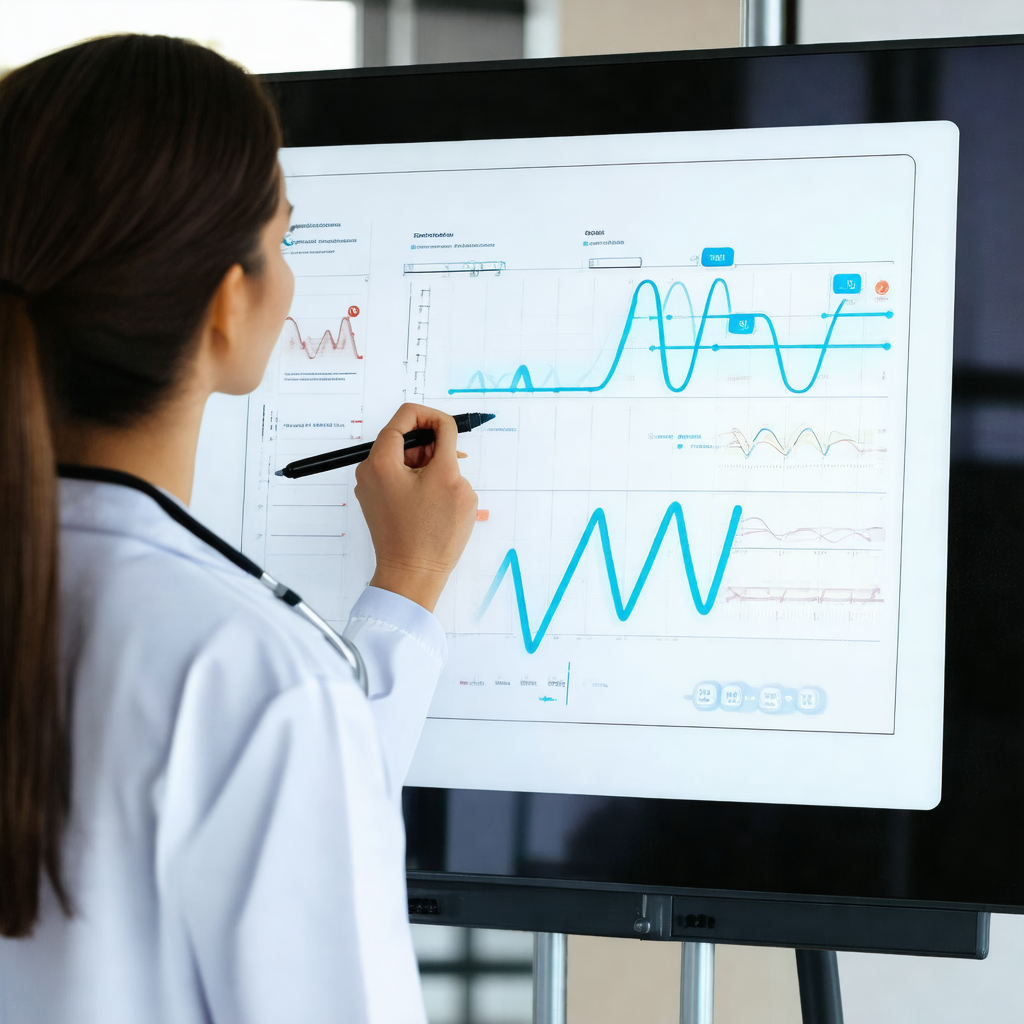 Woman wearing a white coat is standing in front of a larg...