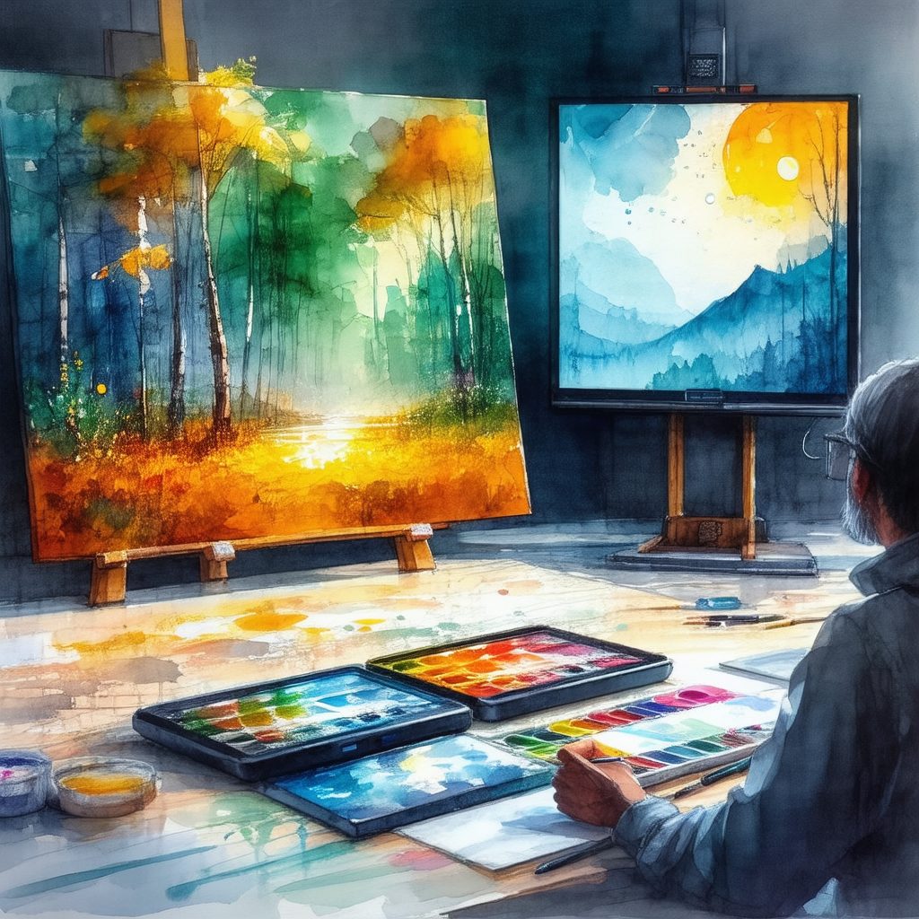 Man sitting at a desk, working on a painting