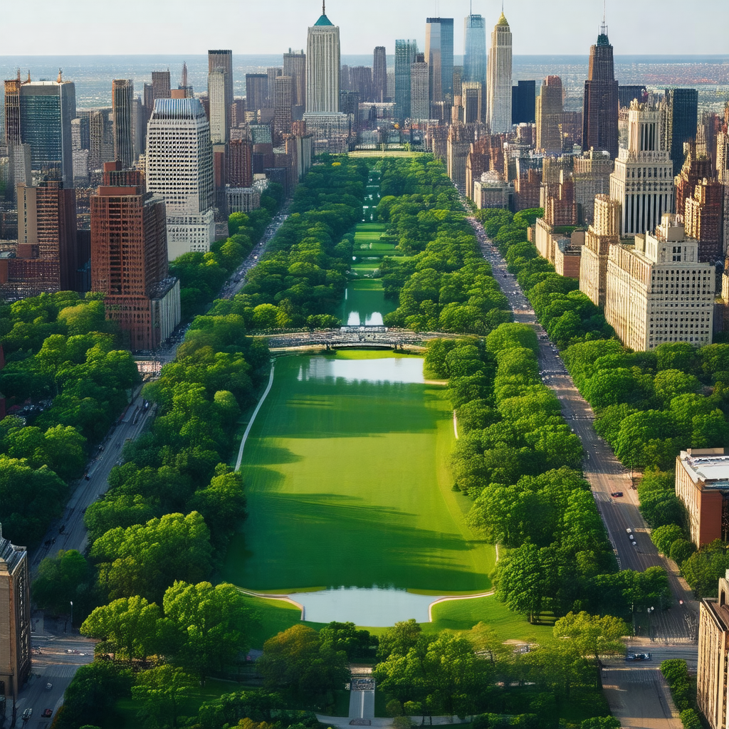 Bird's eye view of a large city park, featuring a large g...