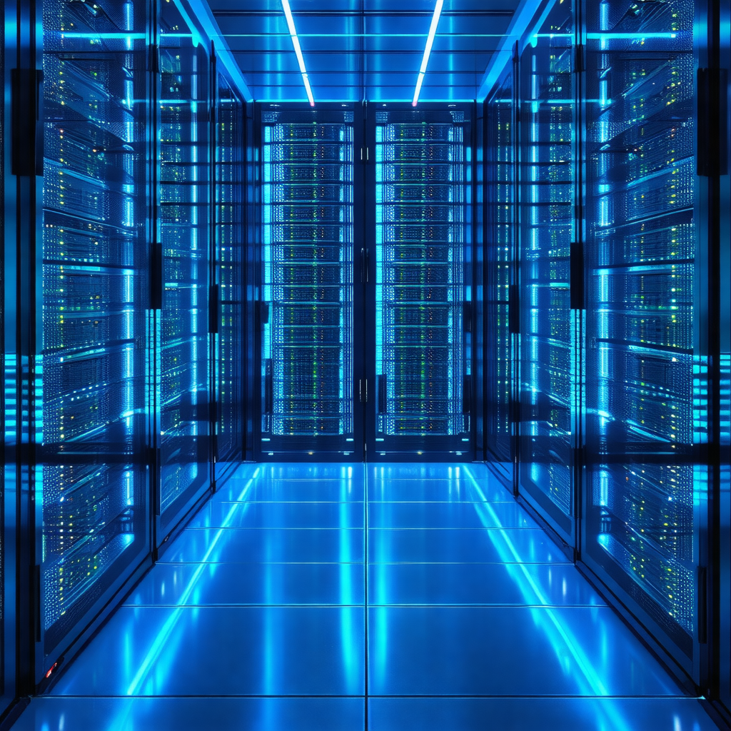 Large, blue-lit room filled with rows of computer servers