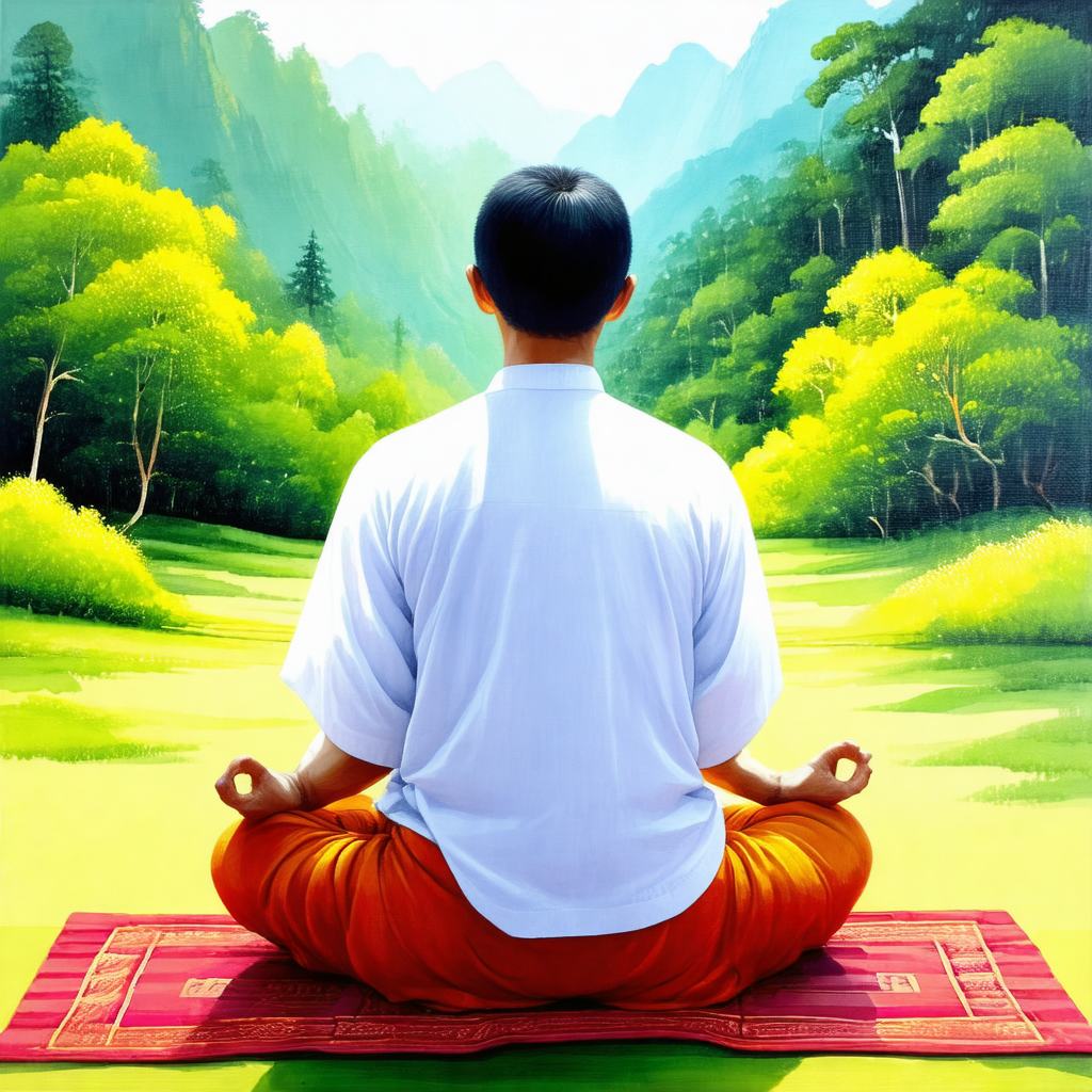 Man sitting on a red rug in a serene environment