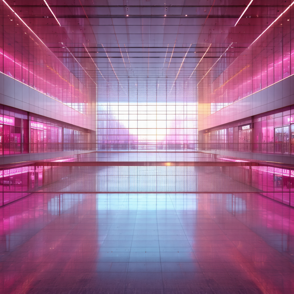 Large, open building with a pink and purple color scheme