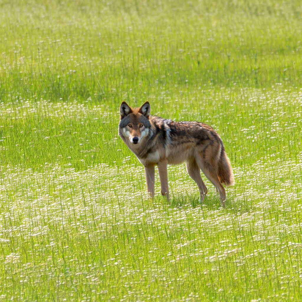 Wolf standing in a grassy field