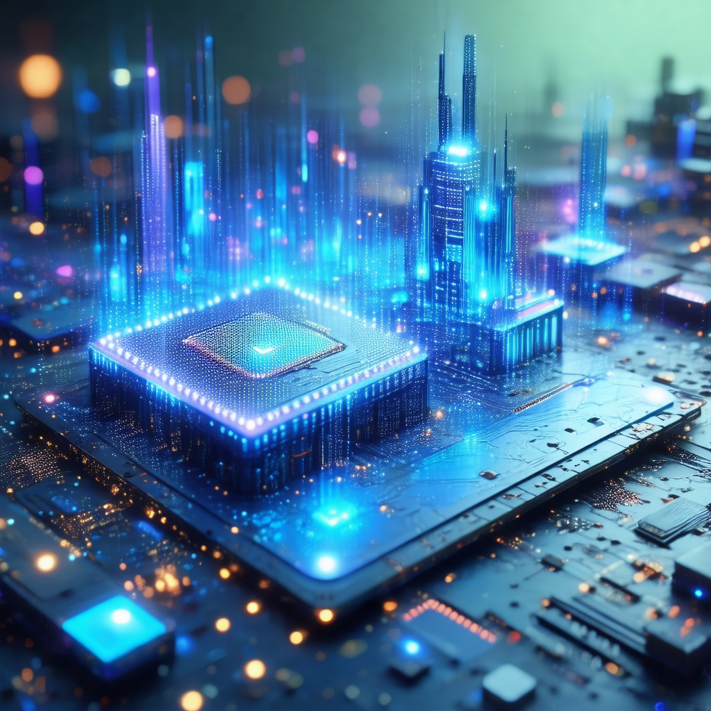 Futuristic cityscape with a large, blue, glowing building...