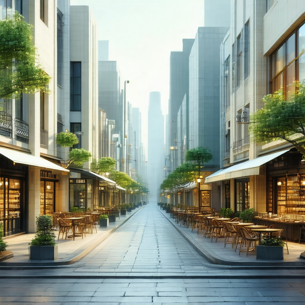 City street with a row of tables and chairs lining the si...