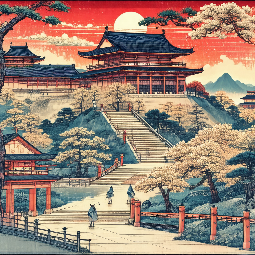 Painting of a beautiful garden with a large, ornate build...