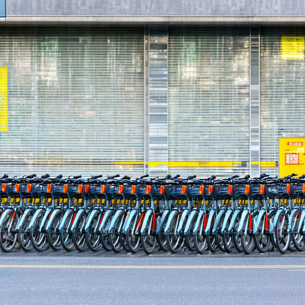 Large group of bicycles parked in a row outside a building