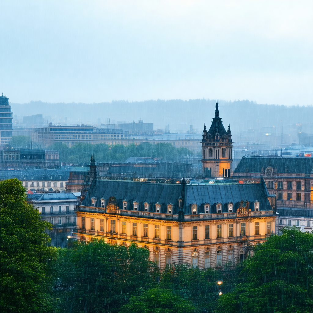 Cityscape at dusk, with a large building prominently feat...