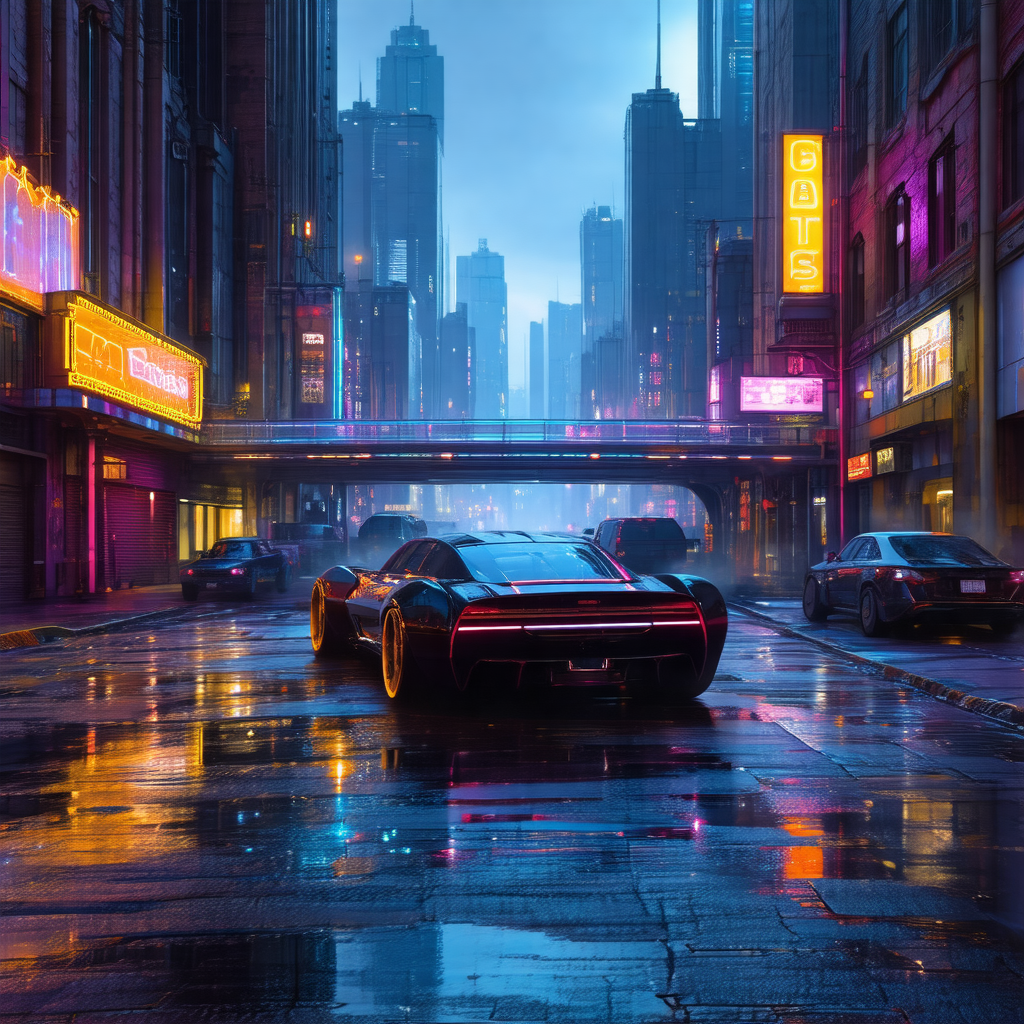 Futuristic city scene with a black sports car driving dow...