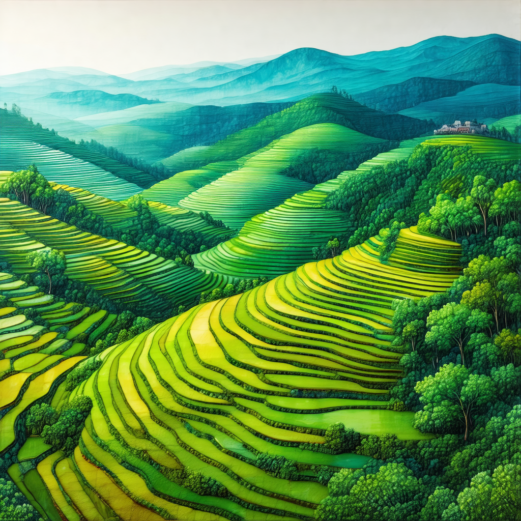 Painting of a lush green hillside with a mountainous land...