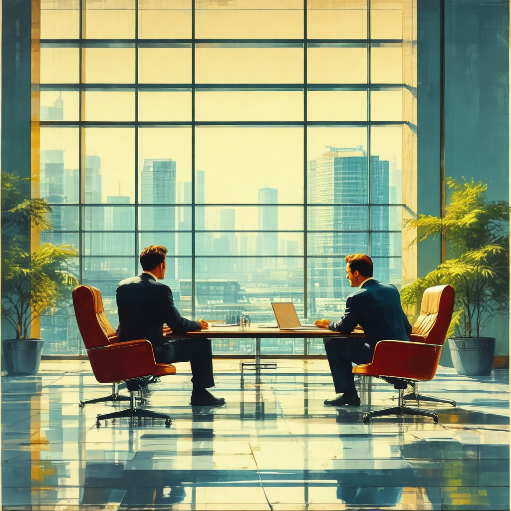 Two men in suits sitting at a glass table in a modern off...