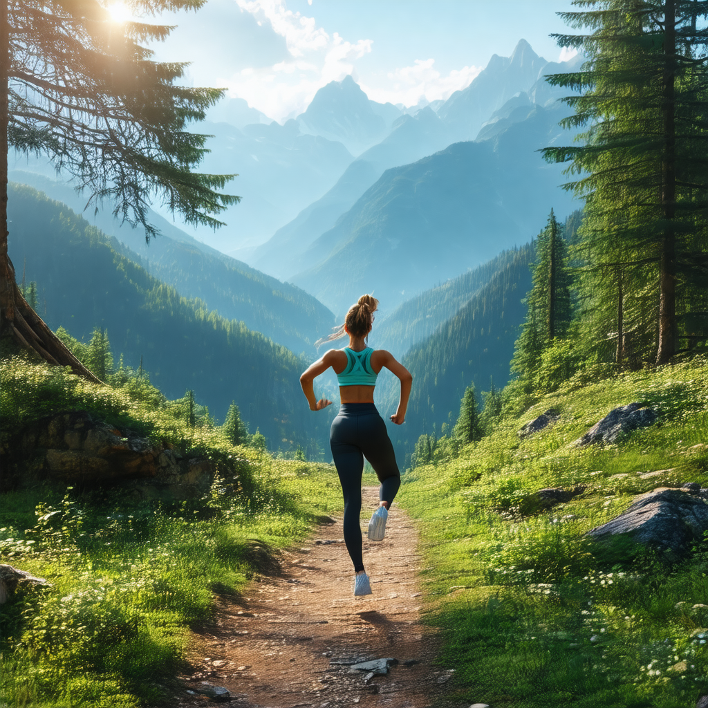Woman running through a lush green forest