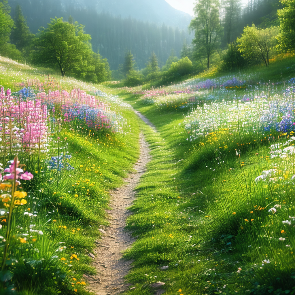 Beautiful, lush green hillside with a dirt path running t...