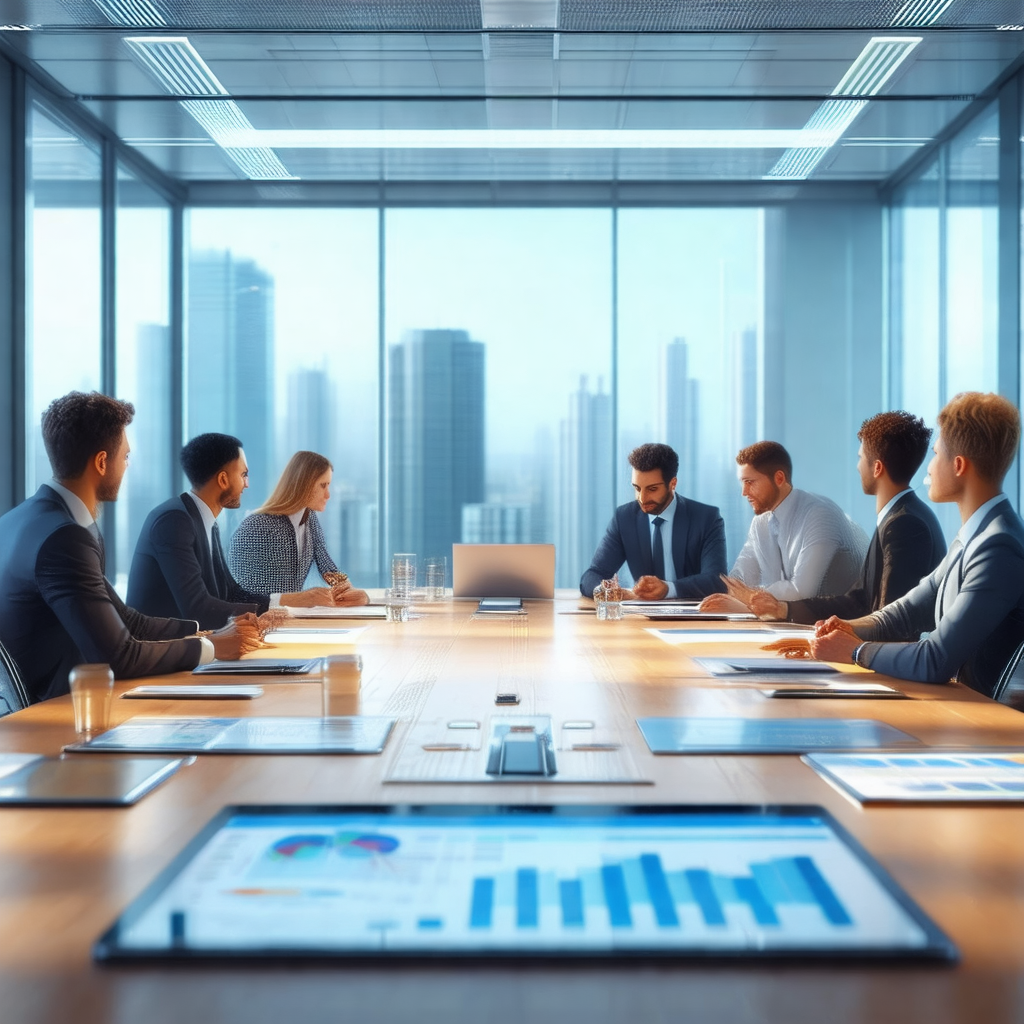 Group of people gathered around a large conference table,...