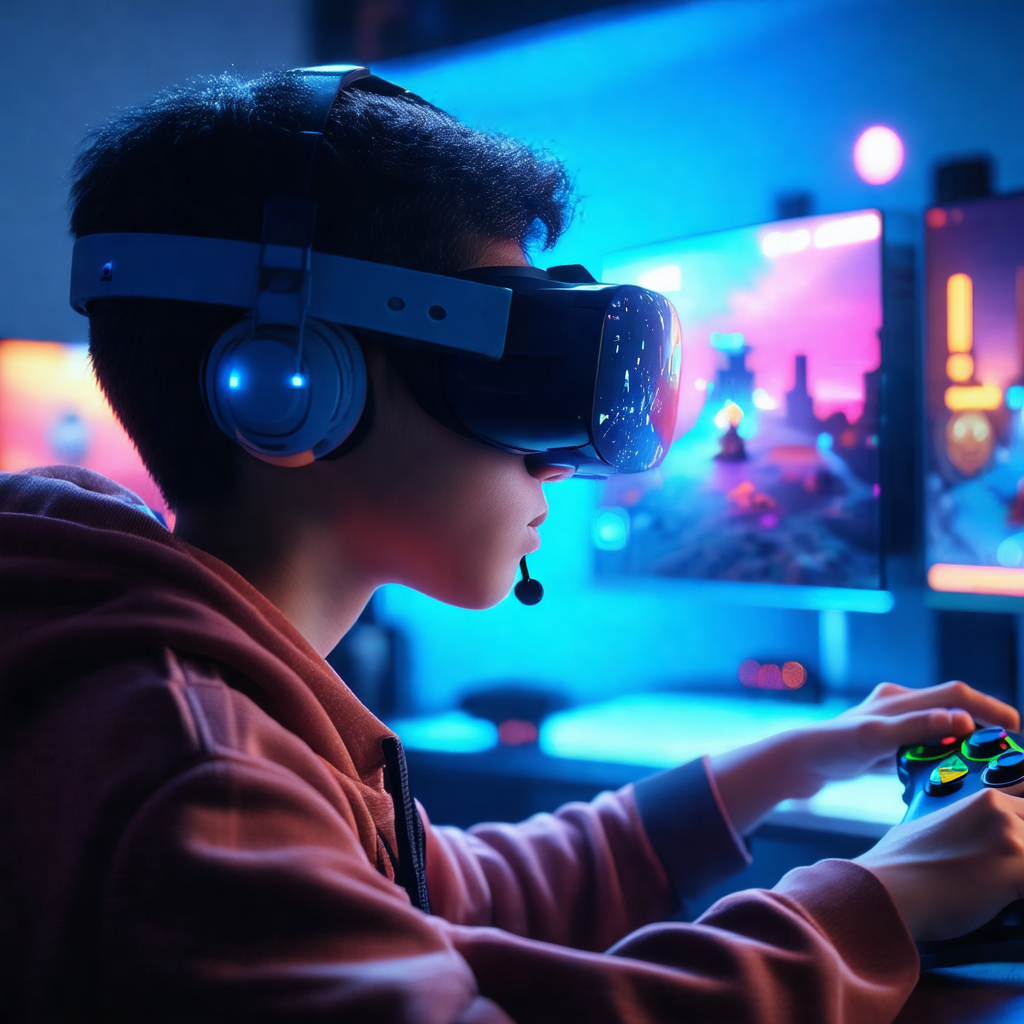 Young man wearing a headset and glasses, sitting in front...