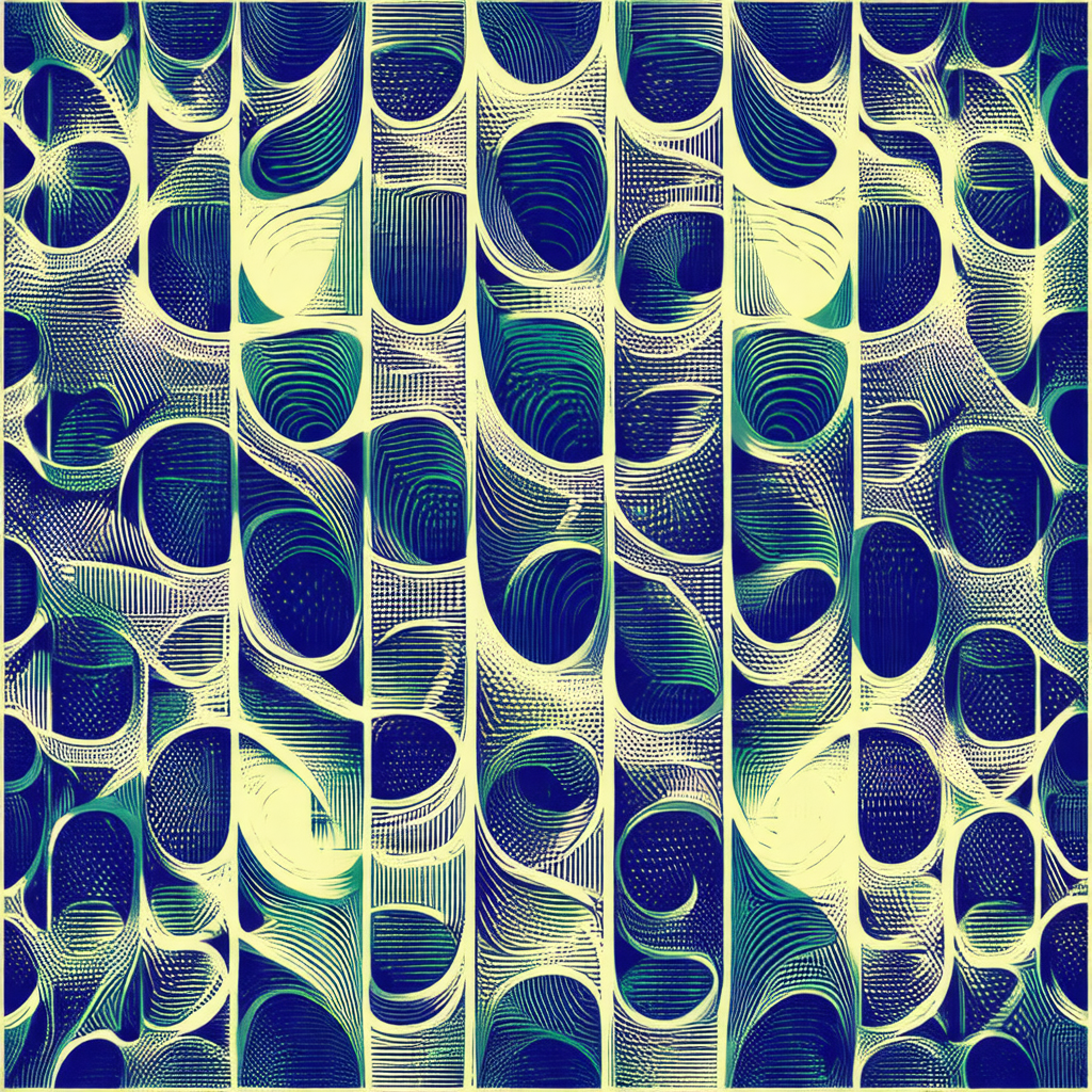 Blue and yellow patterned wallpaper with a design that re...