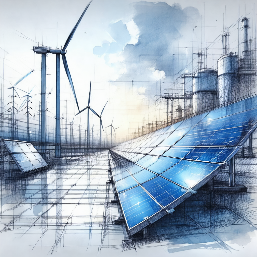 Drawing of a solar panel farm, featuring a large number o...