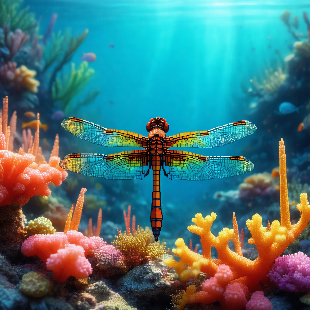 Dragonfly perched on a coral reef, surrounded by a variet...