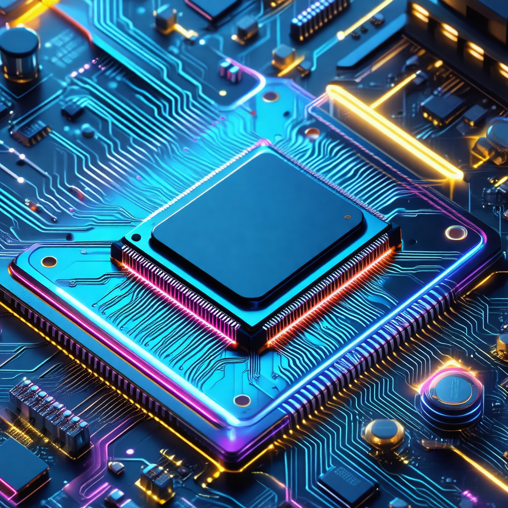Close-up of a computer chip with a blue and yellow glow