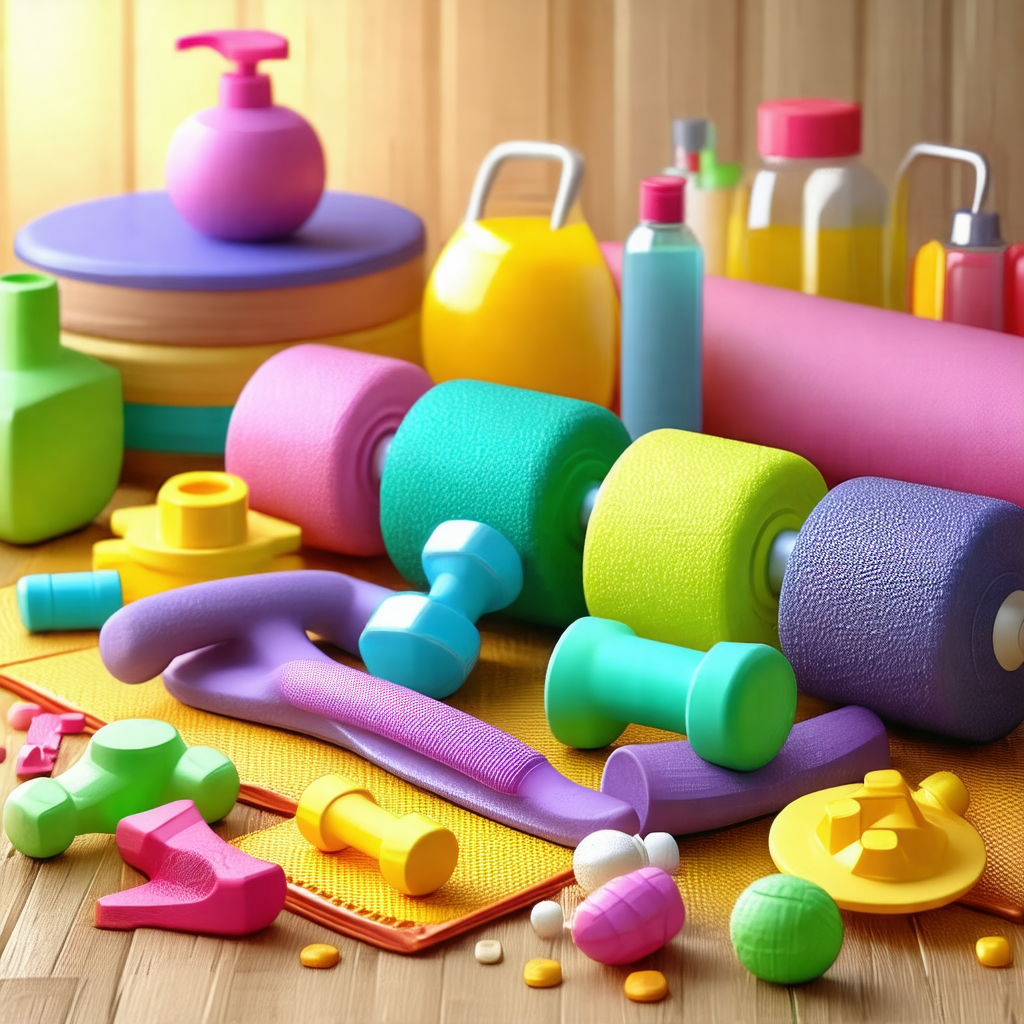 Wooden table with a variety of exercise equipment and toys