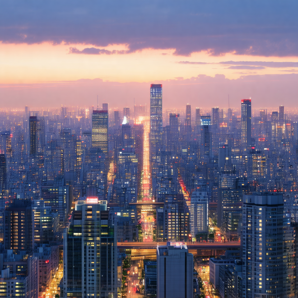 Nighttime view of a large city, with a skyline filled wit...