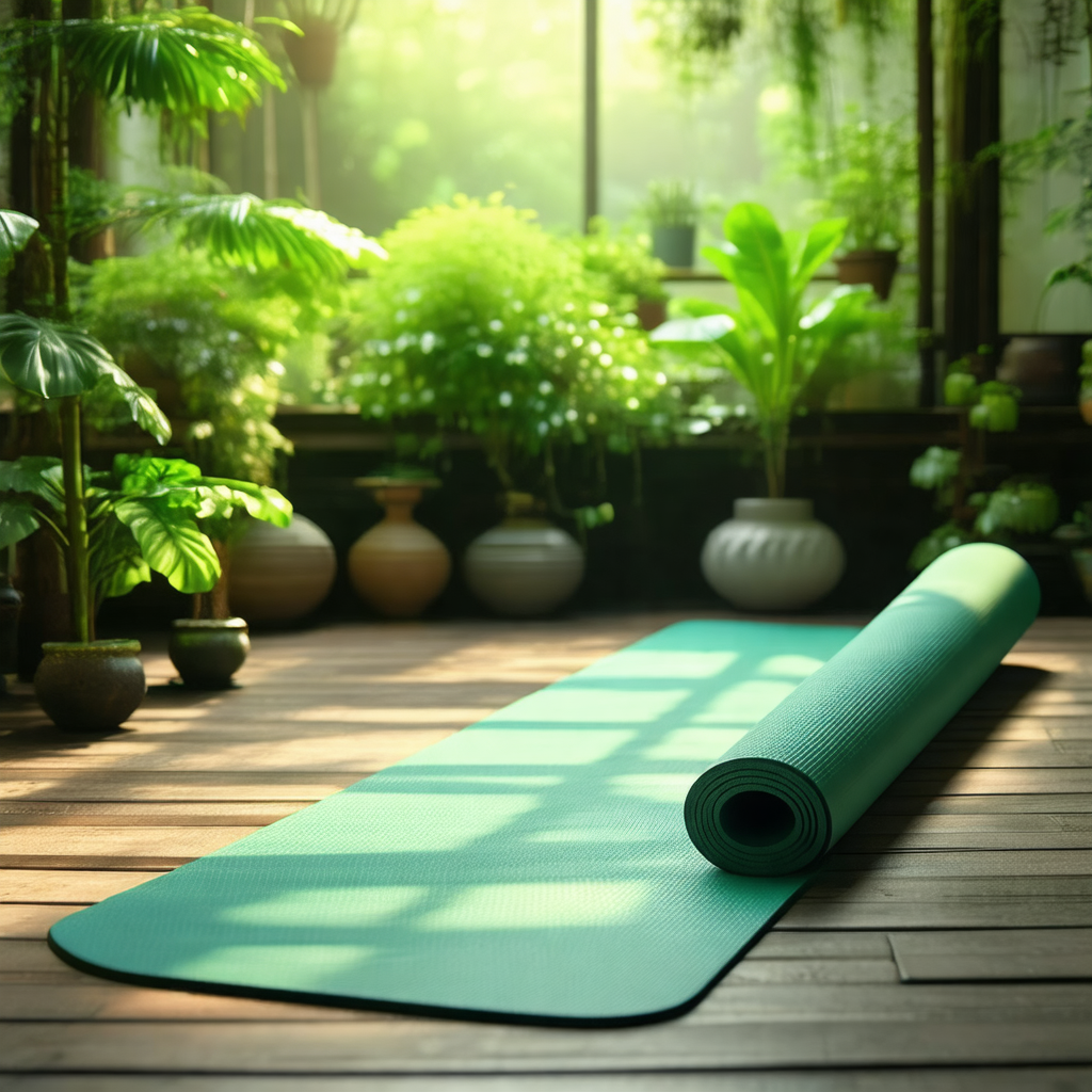 Green yoga mat placed on a wooden floor
